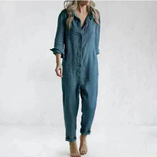 Woman wearing a relaxed-fit blue denim jumpsuit, casual chic ZA-Zola fashion style