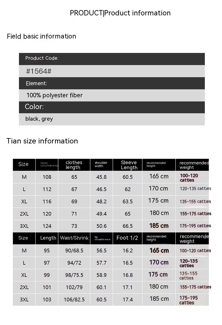 Product information and size chart for polyester fiber clothing in black and grey, sizes M to 3XL.