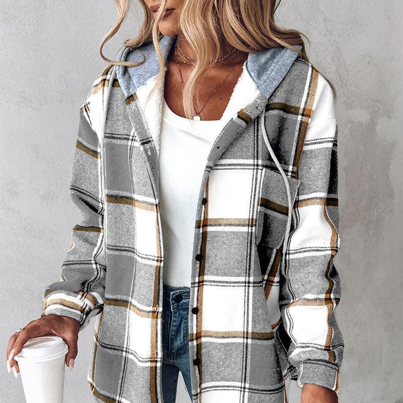 Plaid Hooded Jacket Women Button Pocket Coat - ZA-Zola