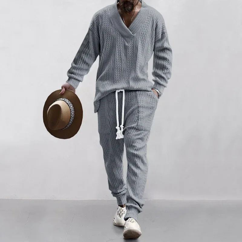 Men’s Sweater Set – V-Neck Jacquard Knit Top & Trousers - ZA-Zola
