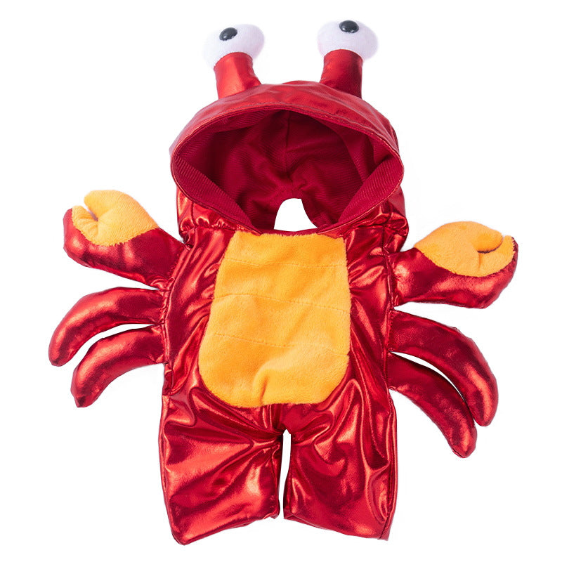 Red crab costume with yellow underbelly on a white background