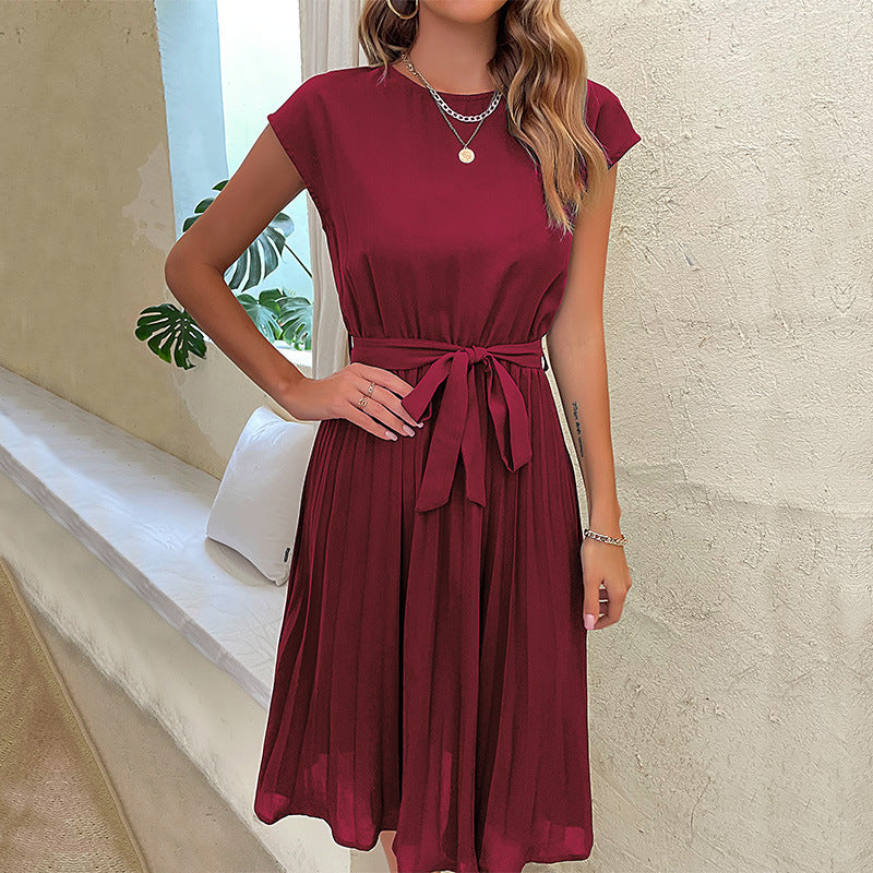 Summer Pleated Short Sleeve Waist Tied Beach Dress – INS Fashion Women's Clothing