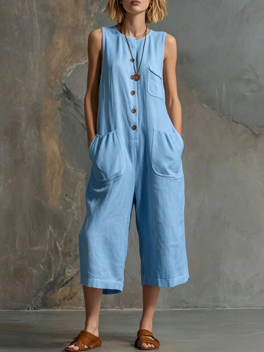 Woman wearing a light blue sleeveless jumpsuit against a textured gray wall.