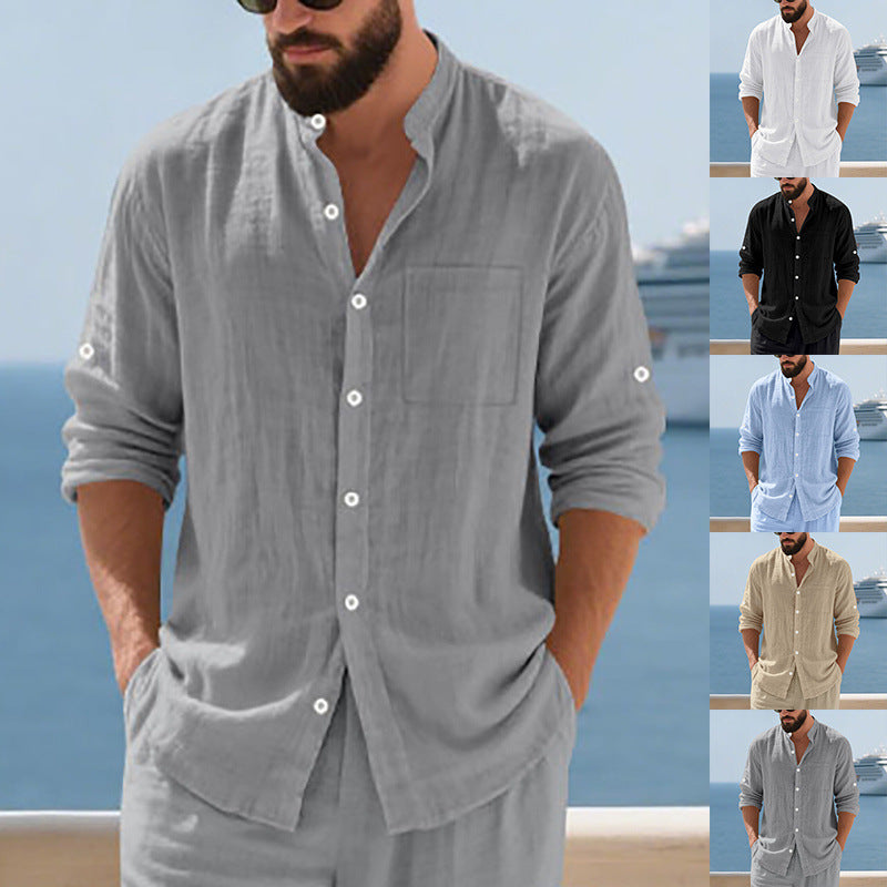 Man wearing a gray button-up shirt and pants with a collage of other men in different shirts in the corner.