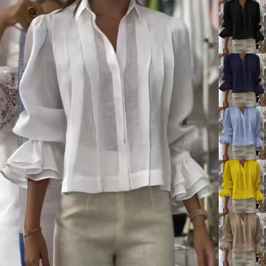 White blouse with ruffled sleeves worn by a person, with additional color options displayed on the right.