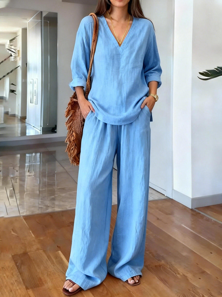 Woman wearing a blue outfit in an indoor setting