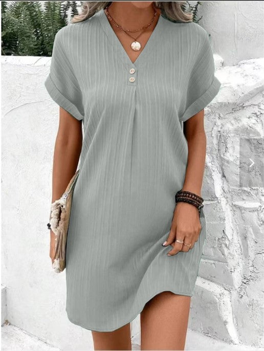 Women's V-Neck Button Strip Short Sleeve Casual Dress
