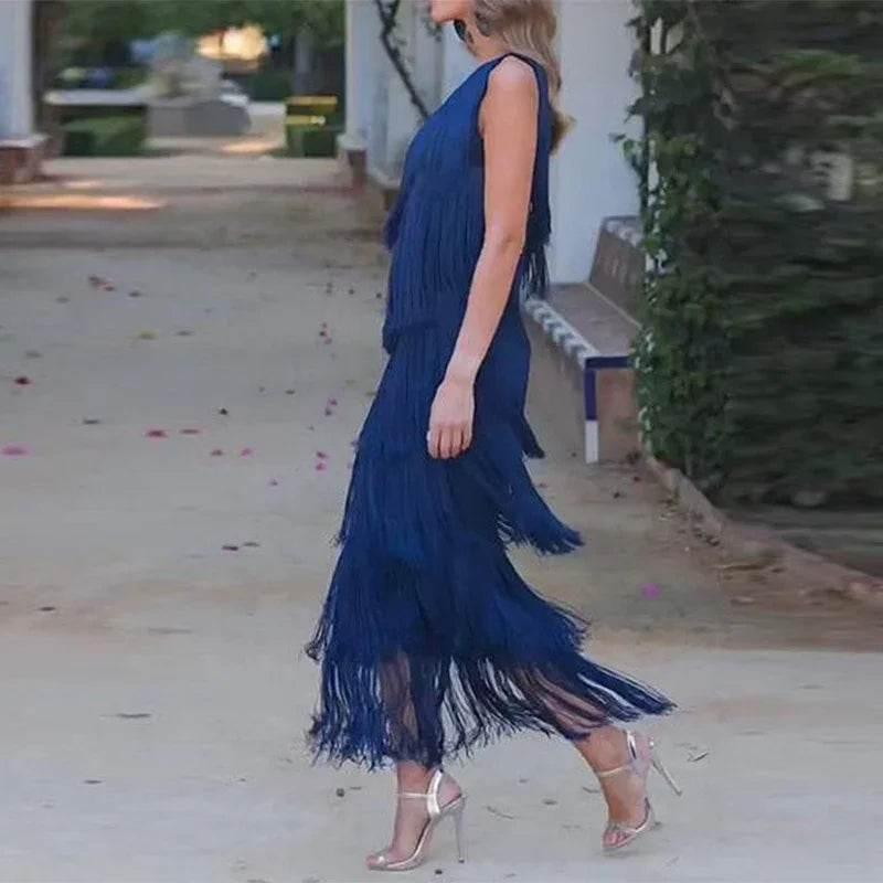 Women's Diagonal Collar Tassel A-Line Dress - ZA-Zola