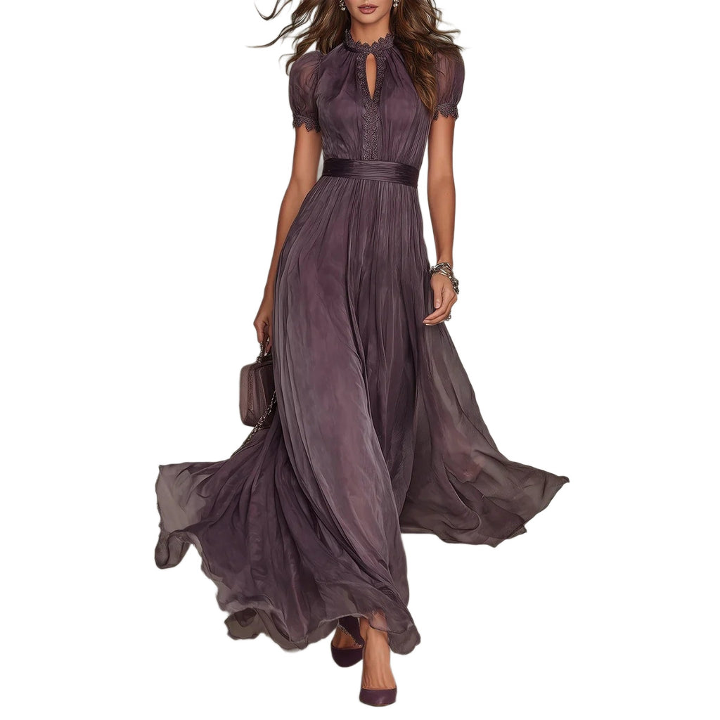 Woman wearing a long purple dress on a white background
