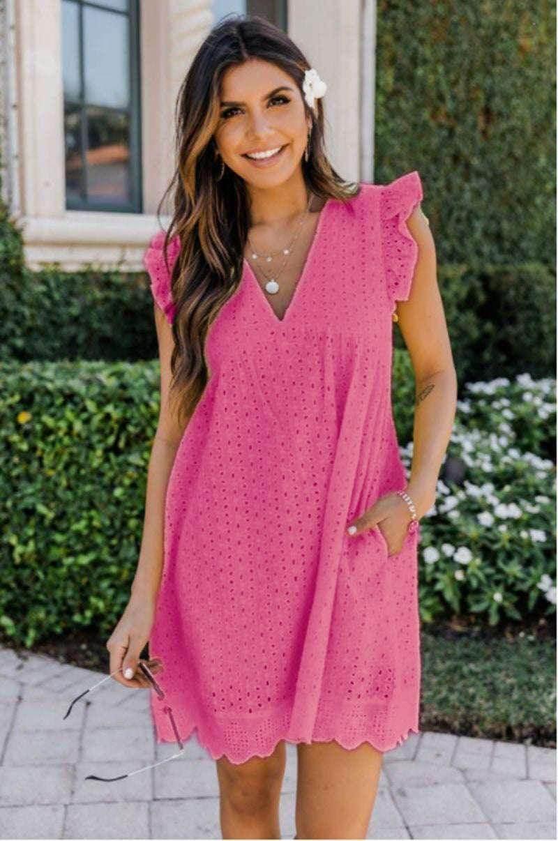Lace Dresses With Pocket – Summer Sleeveless Jacquard V-Neck Beach Dress - ZA-Zola