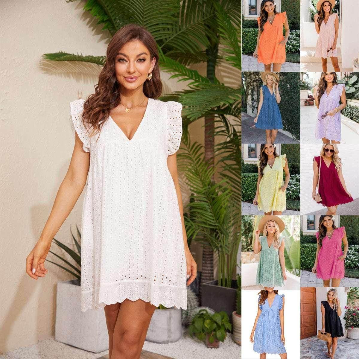 Lace Dresses With Pocket – Summer Sleeveless Jacquard V-Neck Beach Dress - ZA-Zola