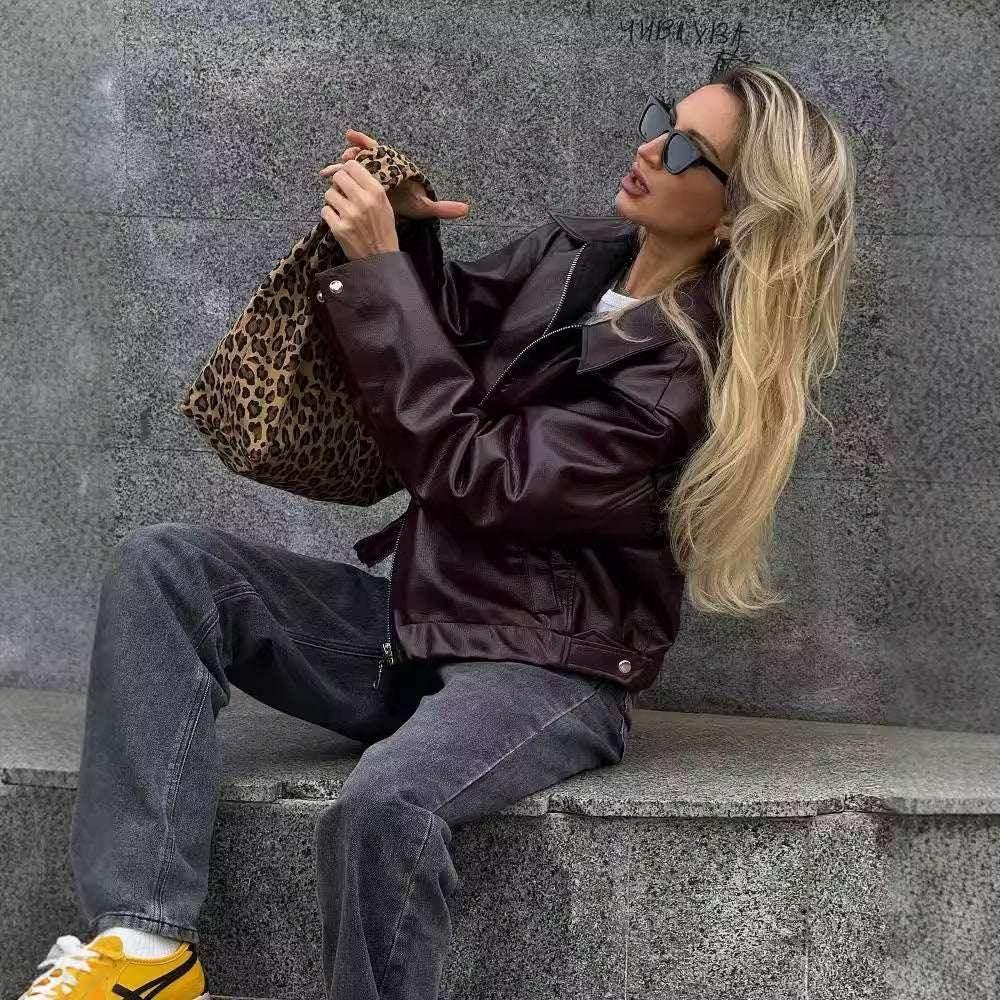 Shop Solid Color Lapel Zipper Jacket for Women | Casual Leather Coat - ZA-Zola