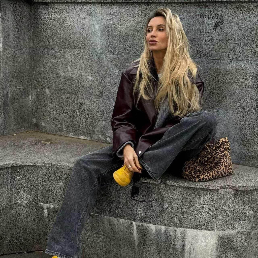 Shop Solid Color Lapel Zipper Jacket for Women | Casual Leather Coat - ZA-Zola