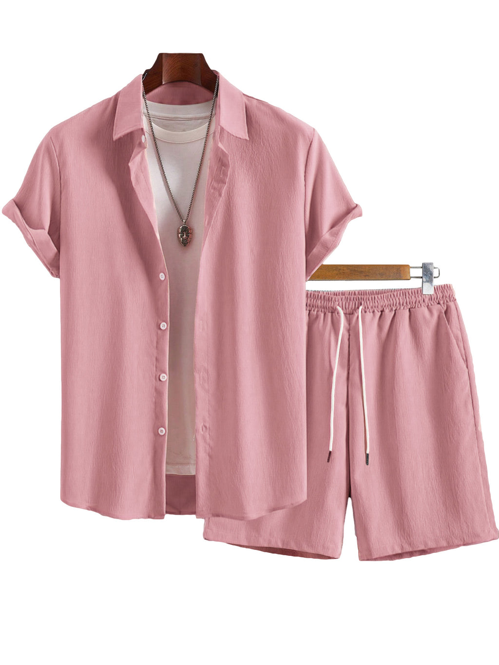 Men's Solid Color Lapel Shirt Shorts Set - Casual