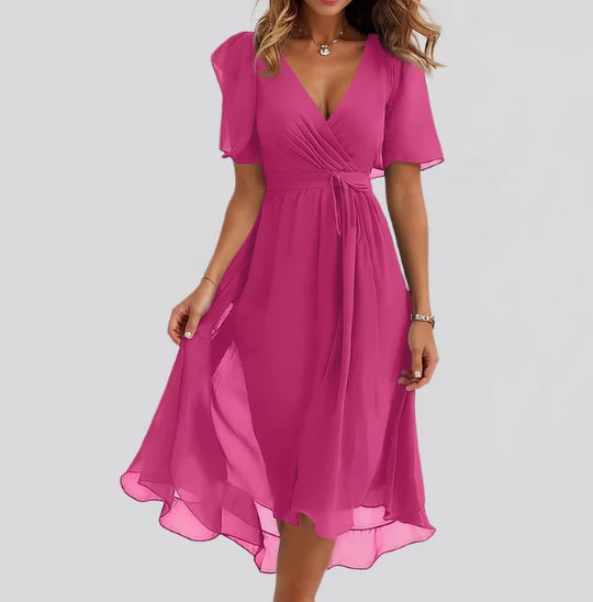 Chiffon Printed Short Sleeve V-Neck Summer Dress Elegant Women’s Midi Dress