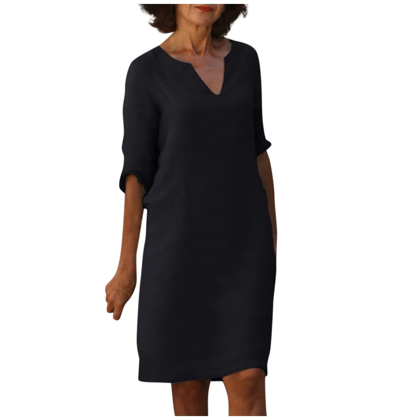 Cotton Linen V-Neck High Waist Retro Summer Dress – A-Line Solid Colour Mid-Length