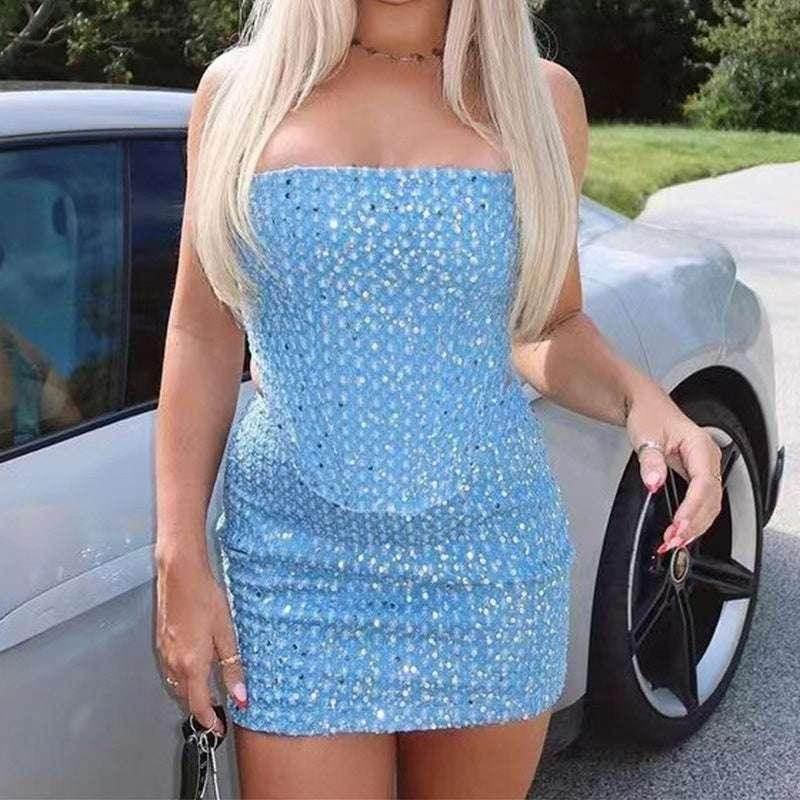 Y2K Denim Sequin Skirt Suit - Tube Top & Slim Skirt Set - ZA-Zola