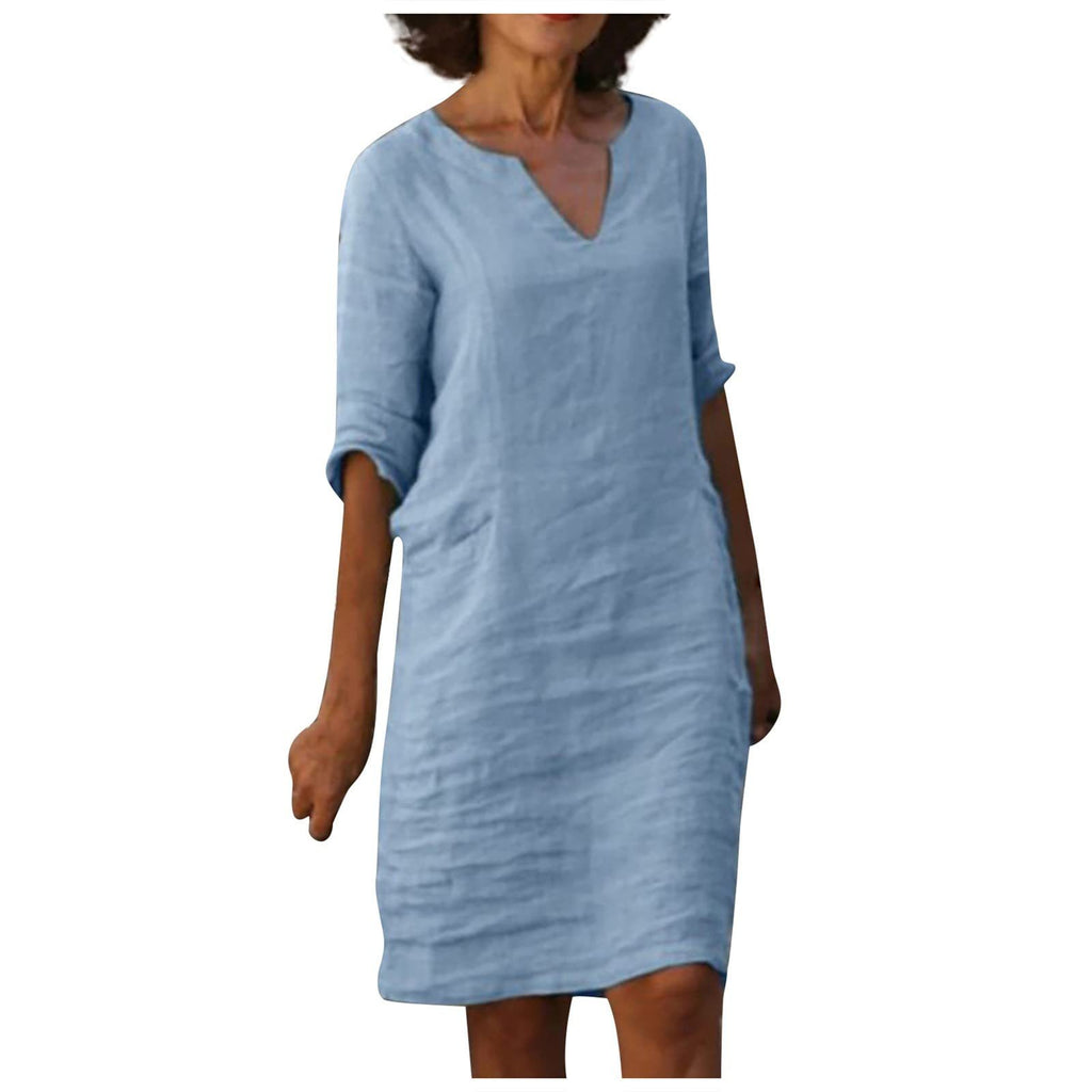 Cotton Linen V-Neck High Waist Retro Summer Dress – A-Line Solid Colour Mid-Length