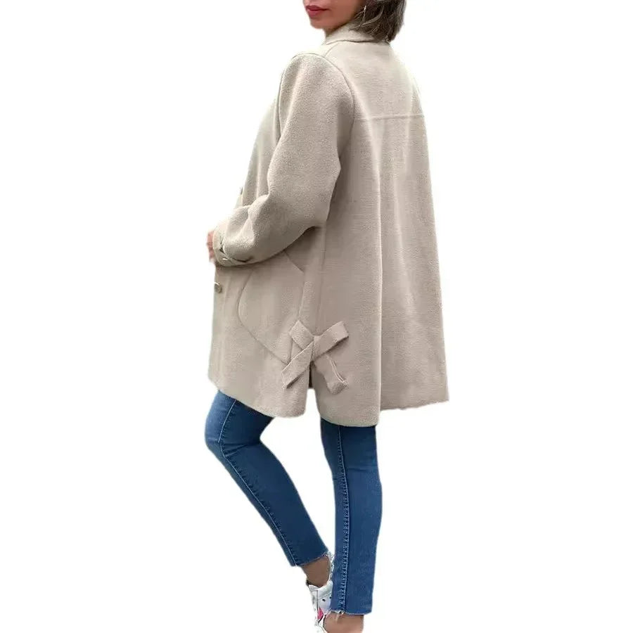 Women’s Polo Collar Woolen Coat | Casual Bow Style - ZA-Zola