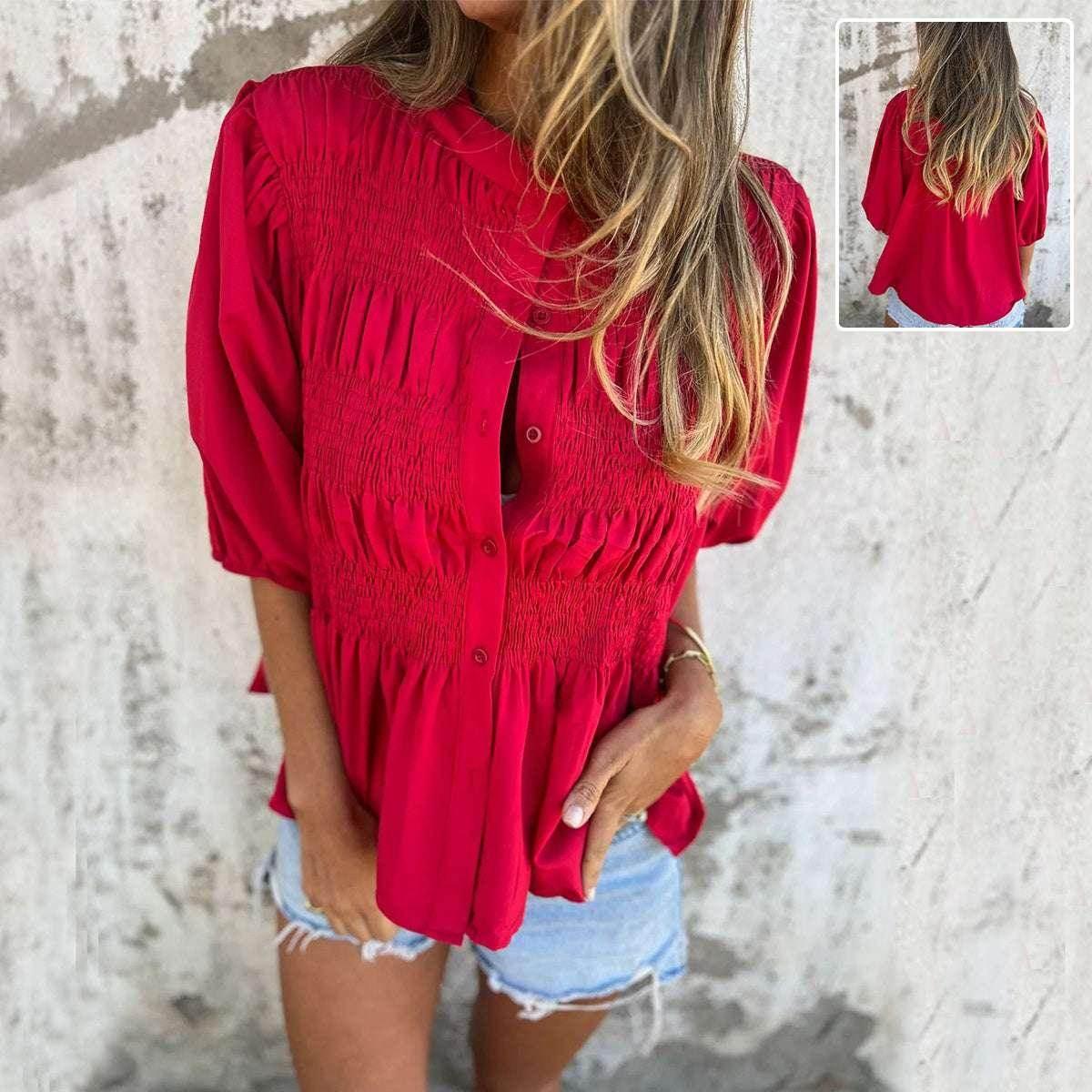 Pleated Button Casual Summer T-shirt for Women - ZA-Zola