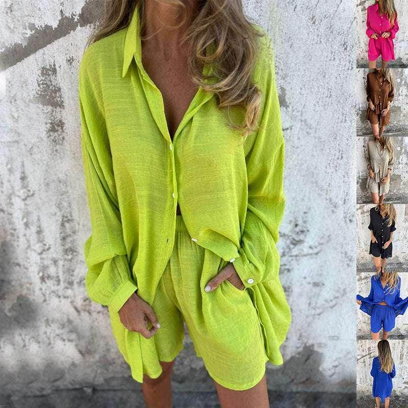Woman wearing loose lime green button-up shirt and shorts set, trendy ZA-Zola fashion