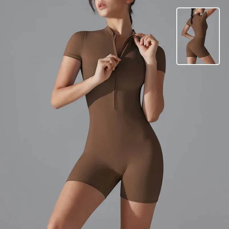 Summer Zipper Yoga Jumpsuit – Short Sleeve Bodysuit - ZA-Zola