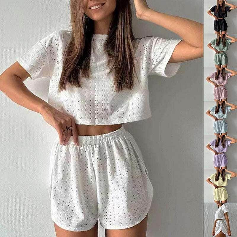 Woman wearing white eyelet two-piece lounge set, multiple color options shown, ZA-Zola fashion