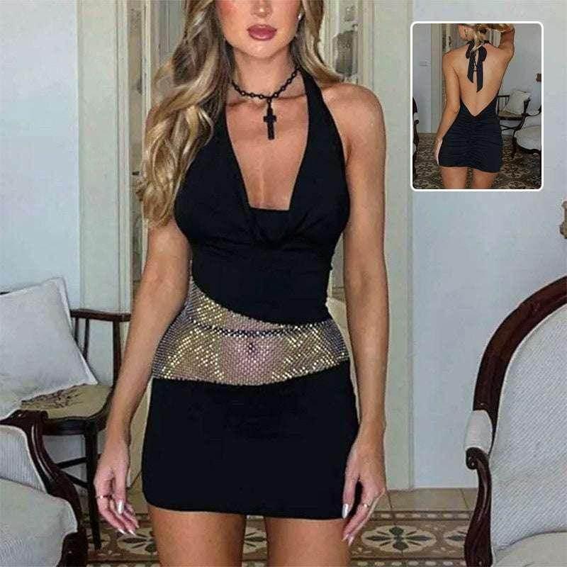 Sexy Slim Deep U-Neck Dress with Sequin Mesh - ZA-Zola - ZA-Zola