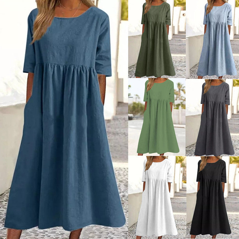 Women’s Casual Cotton Linen Short Sleeve Pocket Dress