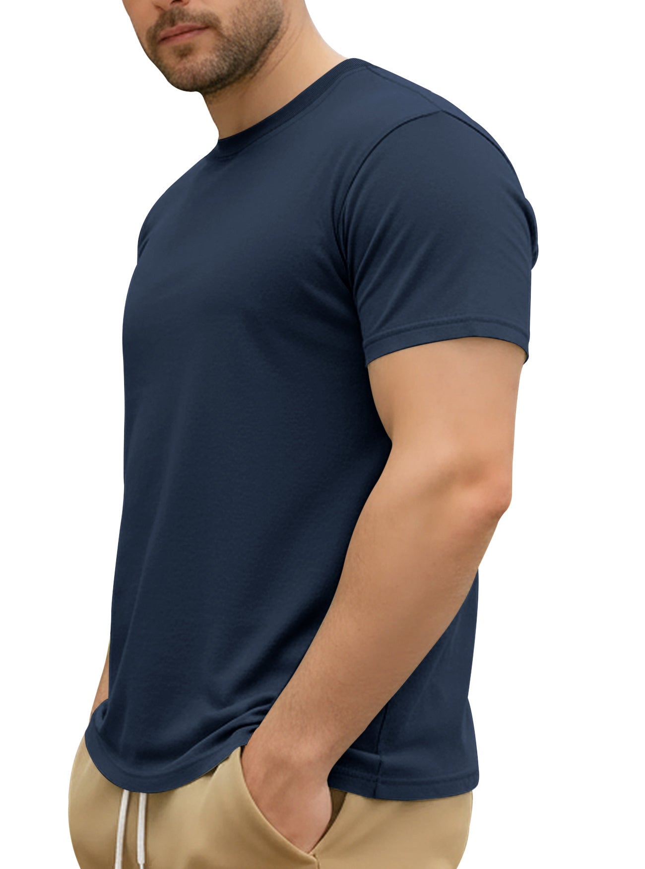 Man wearing a navy blue t-shirt on a white background