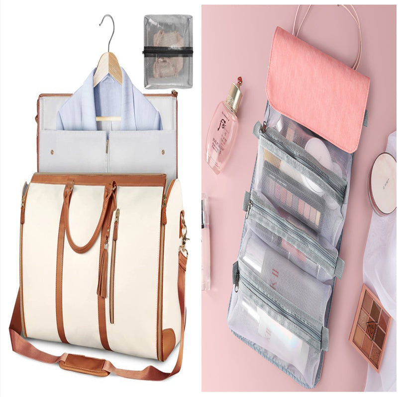 Collage of a travel organizer with clothes and a makeup organizer on a pink background.