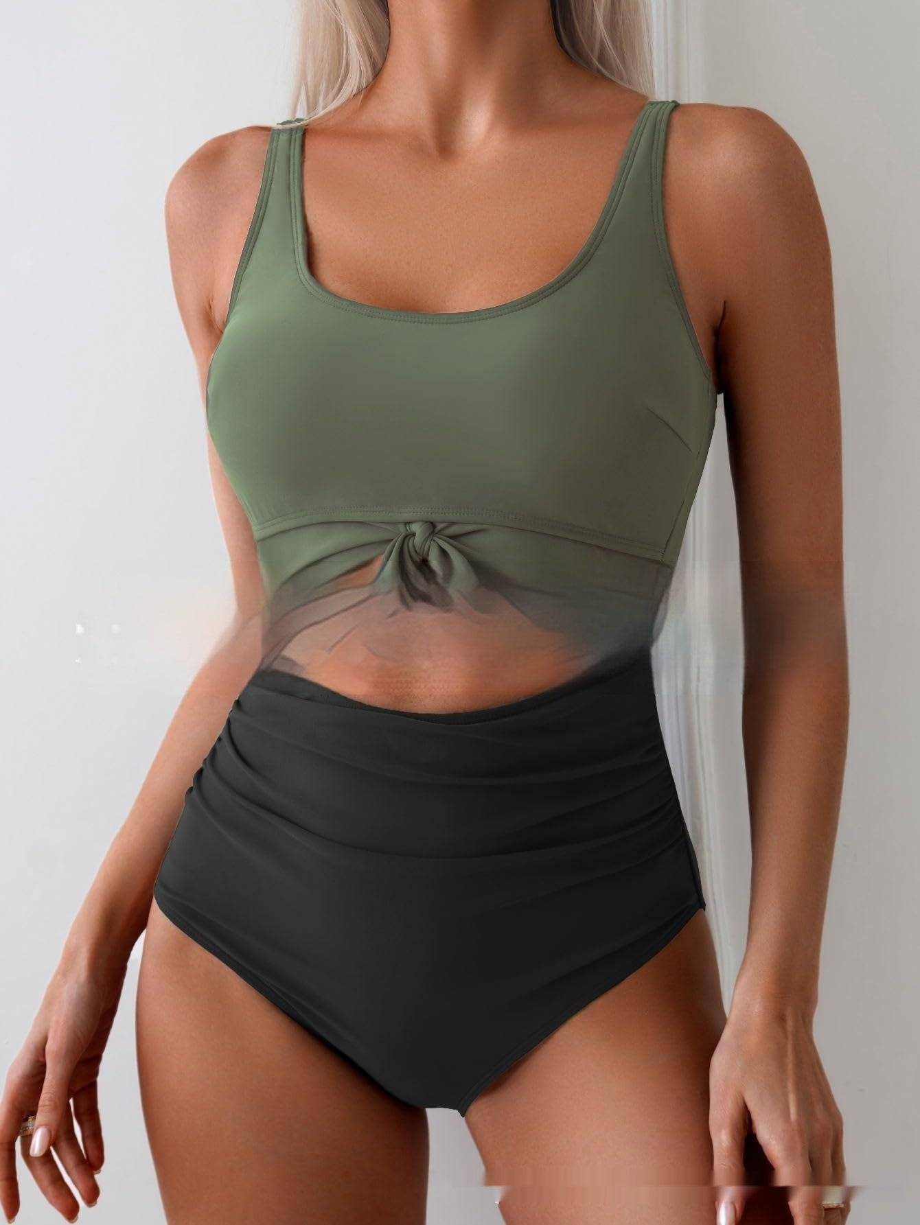 Women Contrast Color Tummy Control One Piece Swimsuit