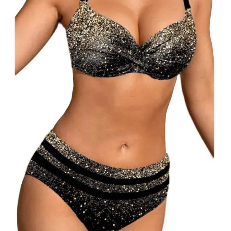 Black and gold glitter bikini set on a white background