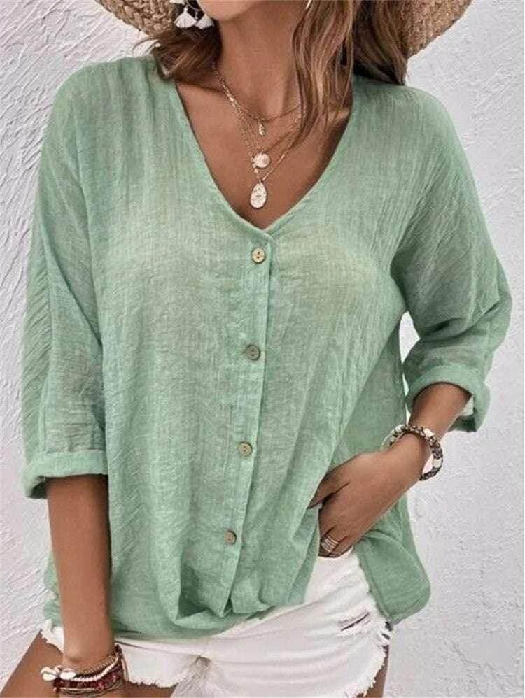 Casual V-Neck Button Top – Loose Fit for Women - ZA-Zola