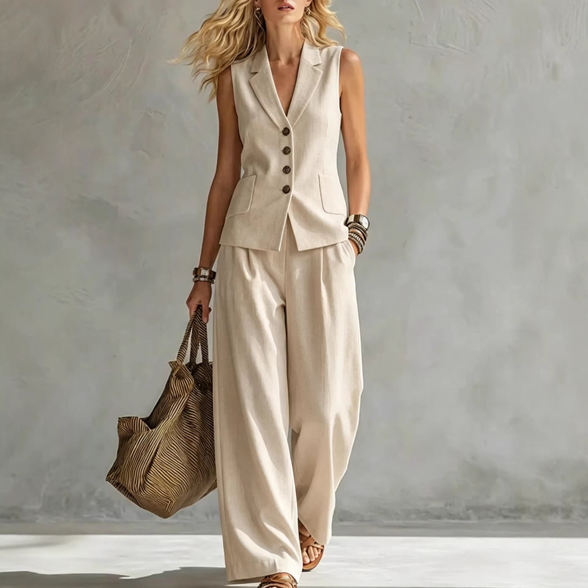 V Neck Sleeveless Linen Pants Set | Summer