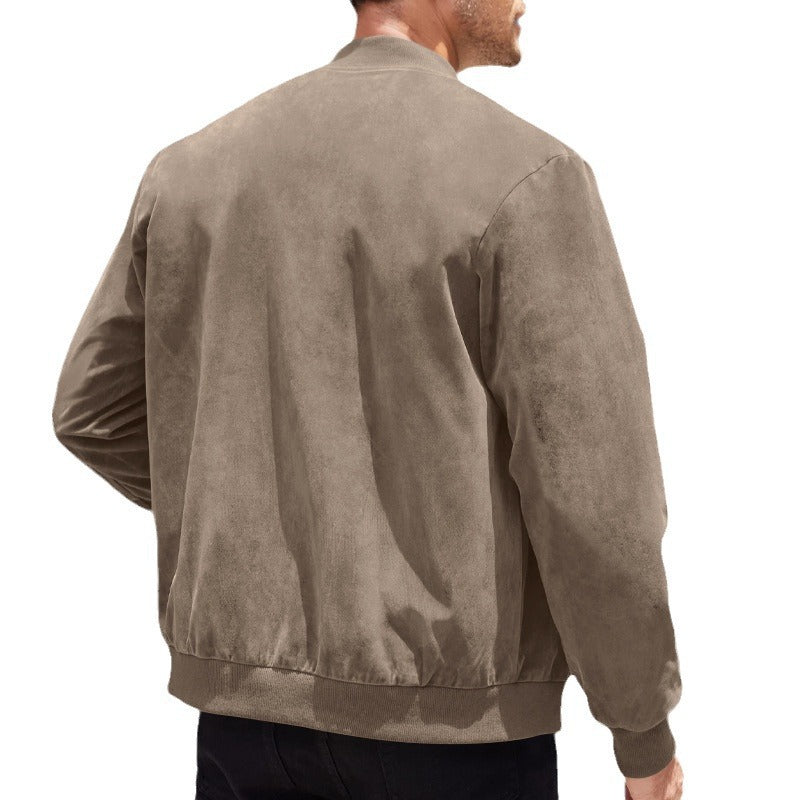 Person wearing a brown jacket on a white background
