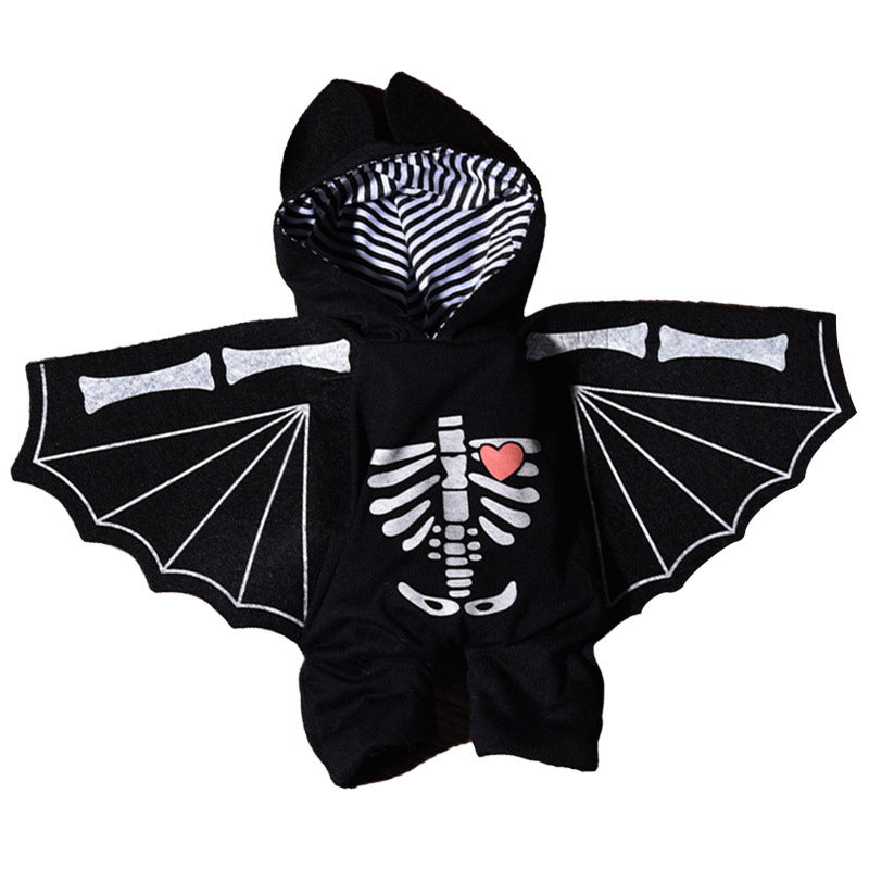 Black pet Halloween costume with skeleton design and bat wings on a white background