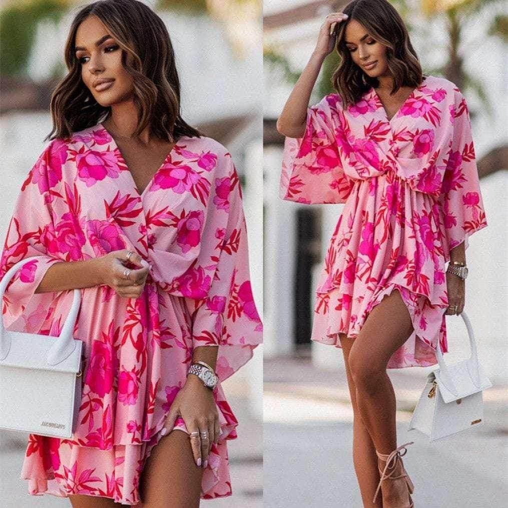 Floral V-Neck Loose Cake Dress – Summer Charm - ZA-Zola
