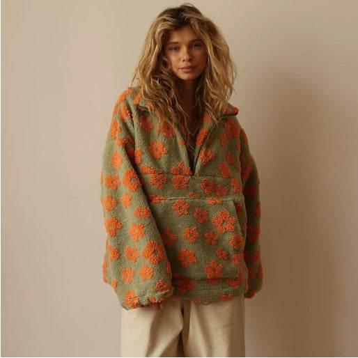 Winter Flowers Lambskin Sweatshirt – Cozy Zip-Up Pullover - ZA-Zola