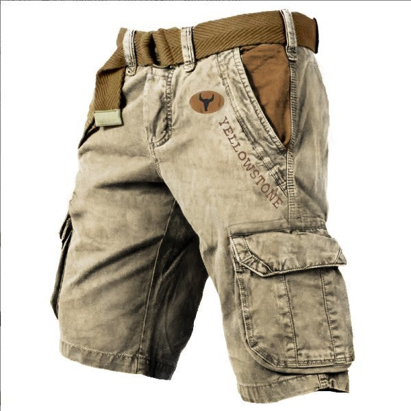 Light brown cargo shorts with a belt on a white background