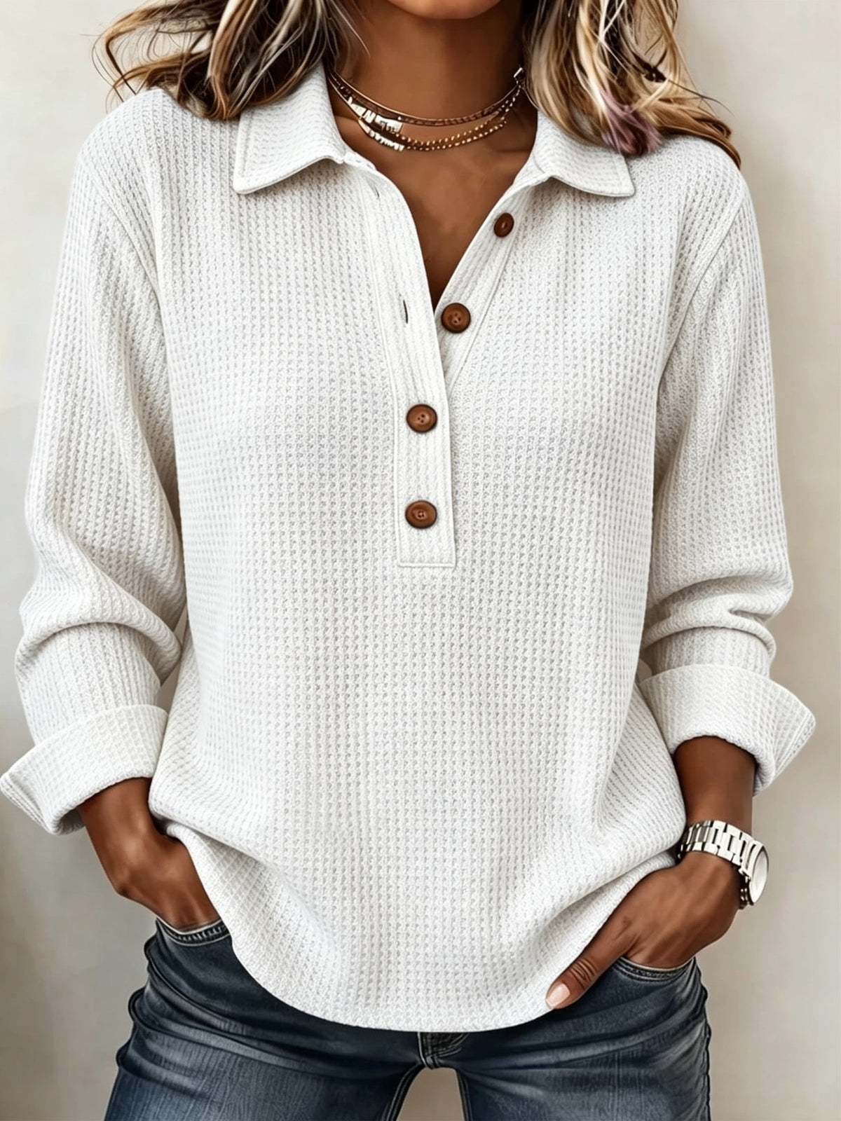 A woman wearing a white waffle-knit long-sleeve henley shirt with brown buttons, paired with blue jeans.
