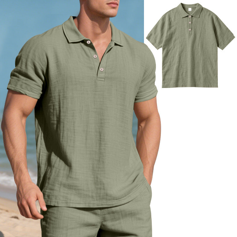 Man wearing a green polo shirt on a beach with an inset showing the shirt.