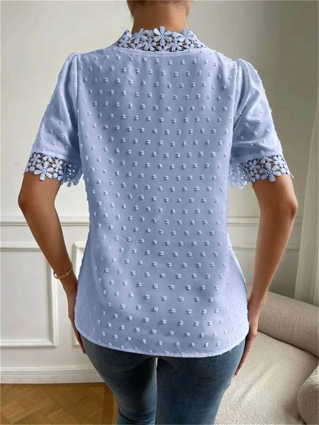 Floral Lace V-Neck Puff Sleeve Summer Top Women - ZA-Zola