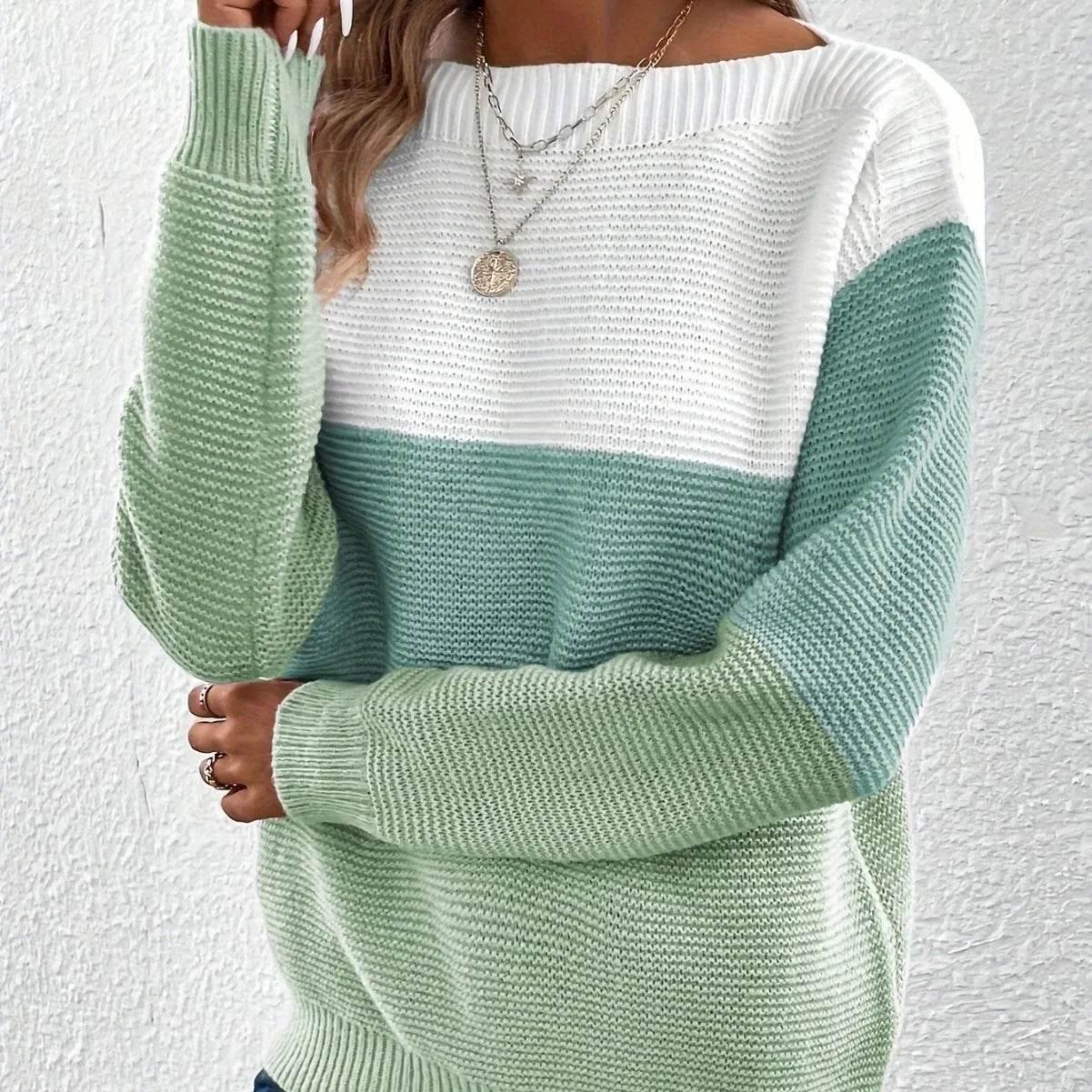 ZA-Zola Women's Round Neck Splicing Knit Sweater - ZA-Zola