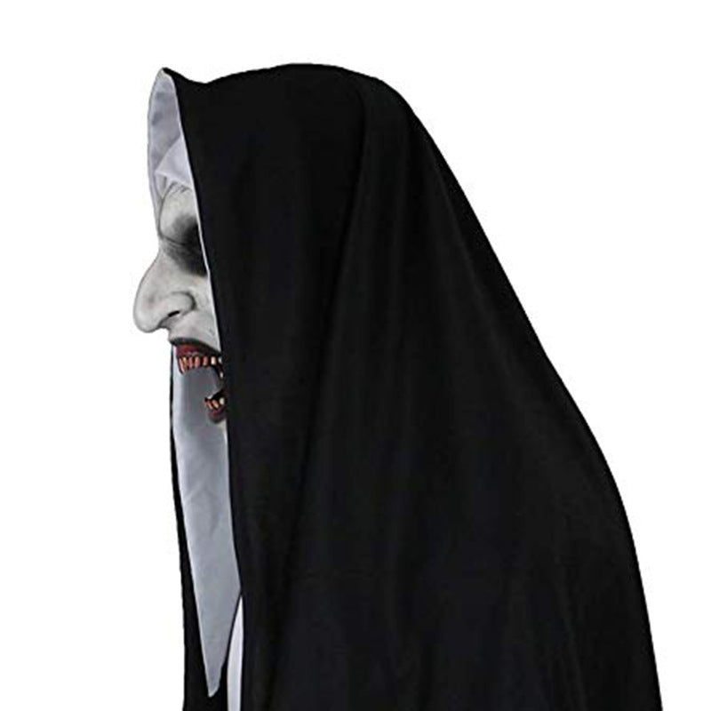 Halloween mask with black hood and white face on a white background