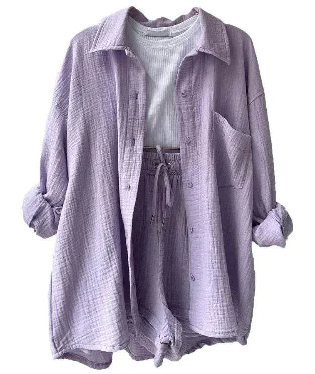 Lilac lounge set with textured long sleeve shirt, drawstring shorts, and white ribbed top from ZA-Zola.