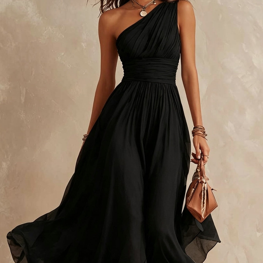A woman wearing a black one-shoulder midi dress with a ruched bodice and flowing skirt, holding a small brown handbag against a textured beige background.
