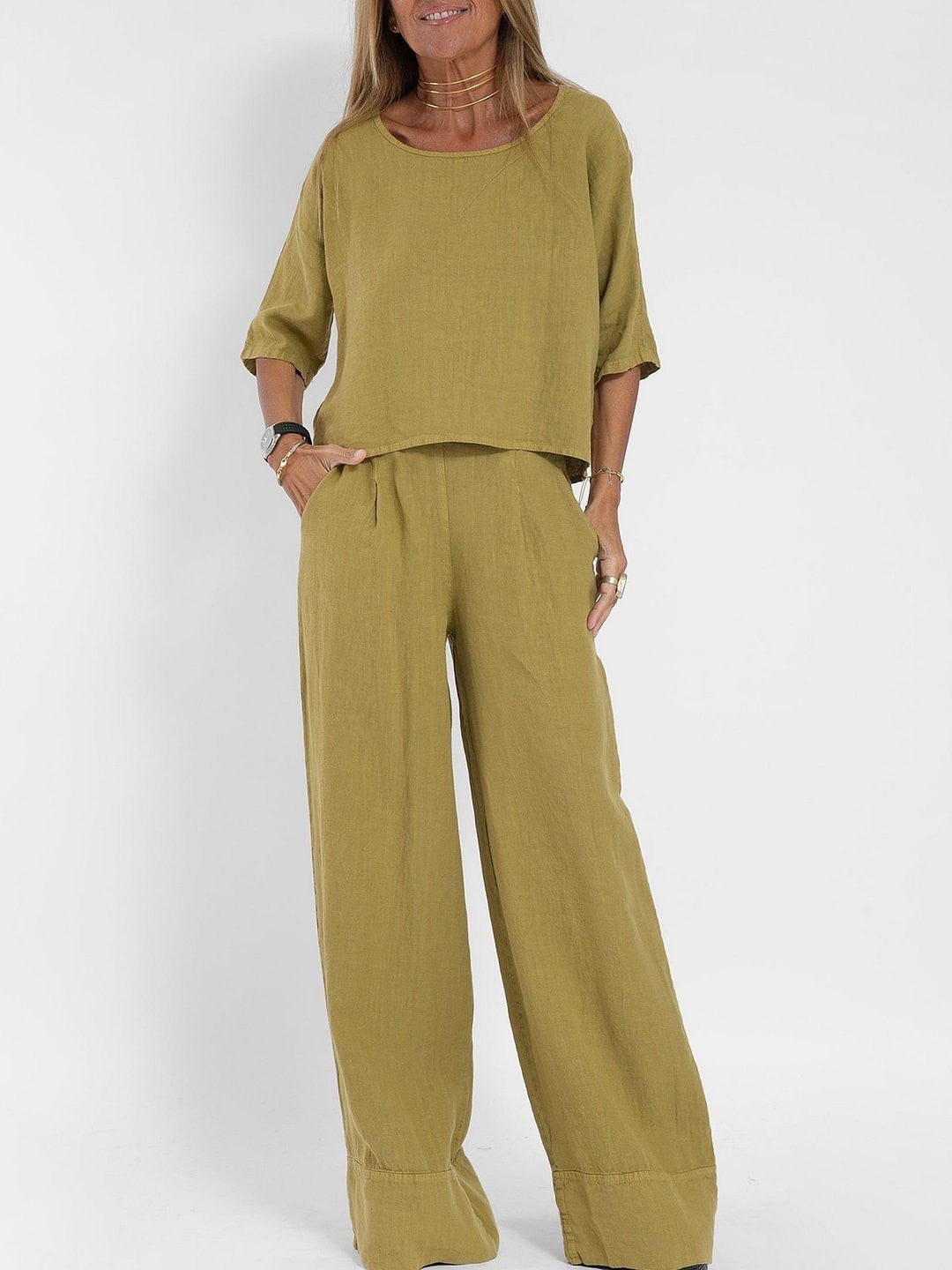 Cotton Linen Casual Pants Suit | Wide Leg
