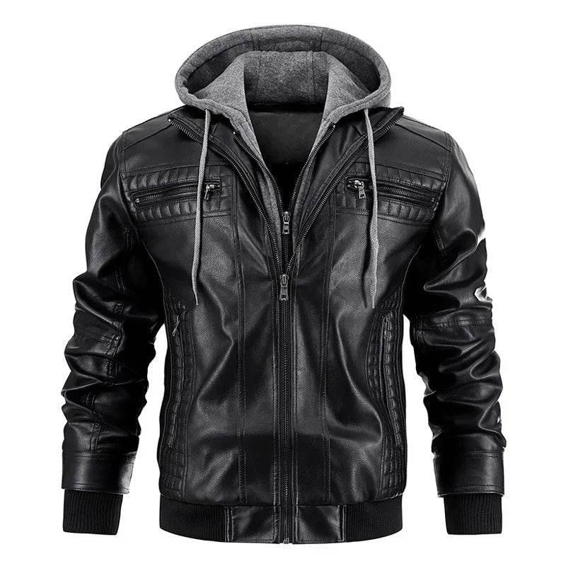 Men's Hooded PU Leather Jacket with Zipper Pockets - ZA-Zola