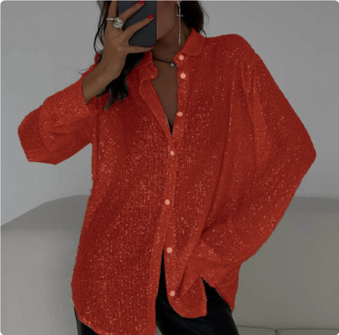 Sequin Lapel Long Sleeve Shirt | Sparkly Loose Top